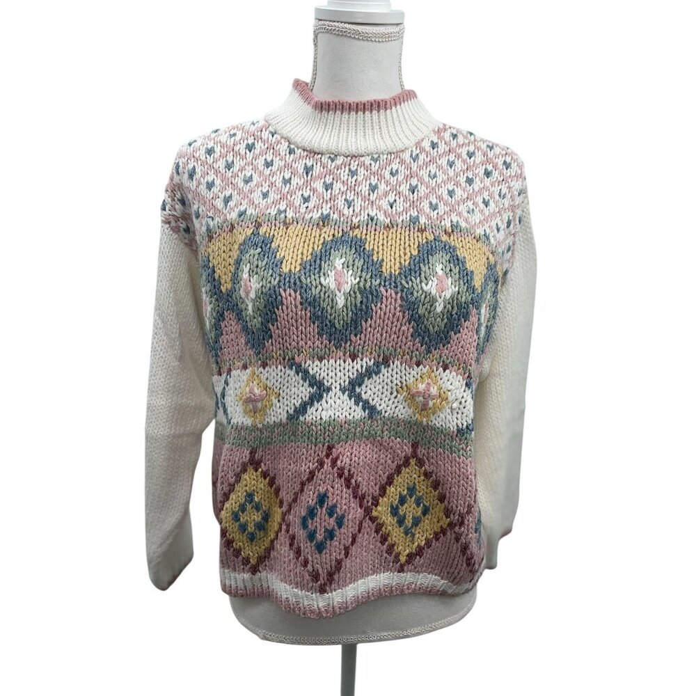 Vintage Ivy Club Sweater Women's M Geometric Mock Neck Grandmacore Used - Picture 13 of 15